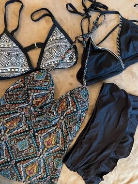 Lot of Swimwear— 2 bikini tops, 1 tankini, 1 swim skirt. Fits @36D